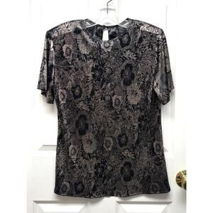 Vintage Notations Floral Textured Blouse Shimmer Medium Crew Neck Sheer Back 90s